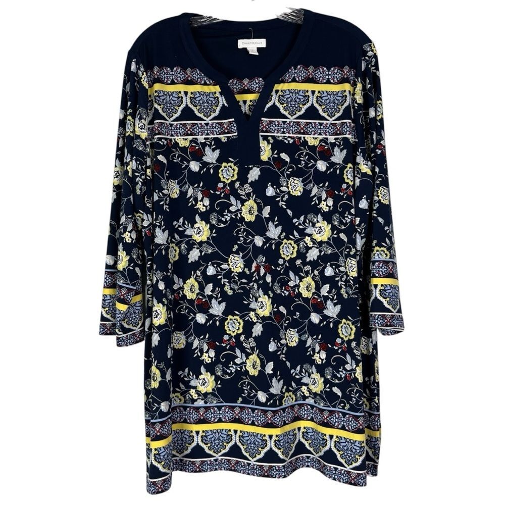 Charter Club Tunic Women’s 1X Blue Yellow Floral Top 3/4 Sleeves Stretch Casual